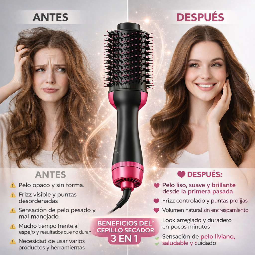 Cepillo secador 3 en 1: Transforma tu pelo en minutos